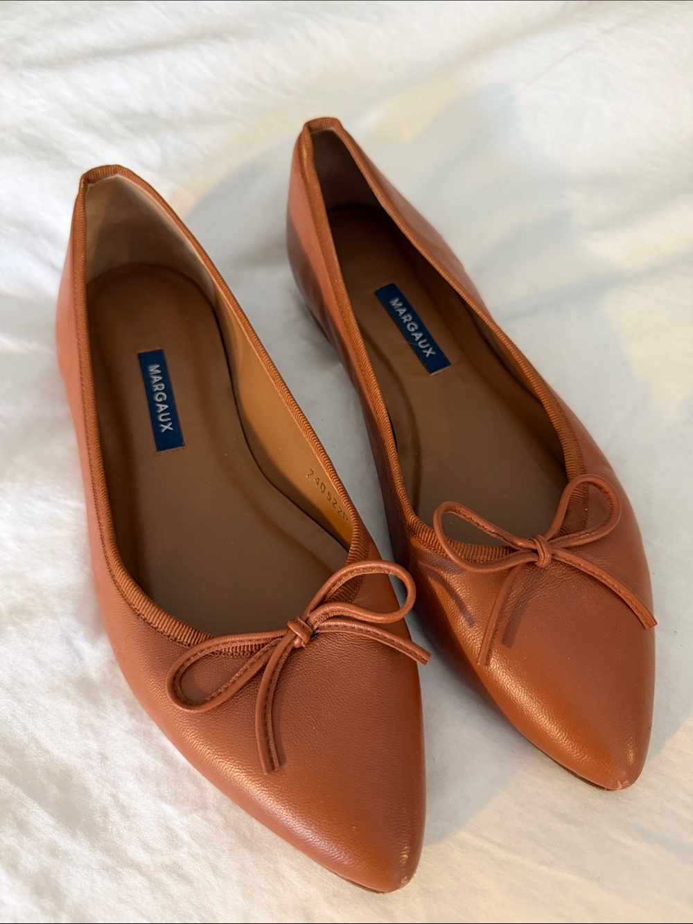 Margaux Women's Cognac Pointed Toe Leather Ballet Flats with Bow